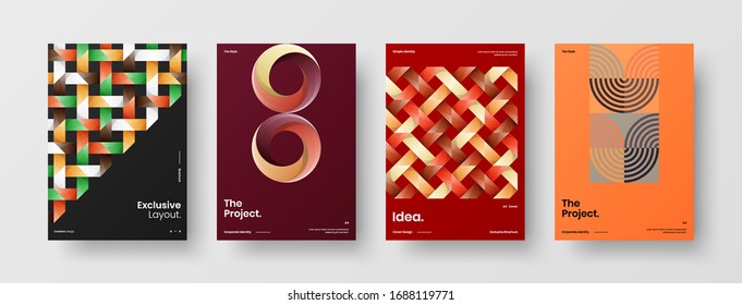 Business presentation vector A4 vertical orientation front page mock up set. Corporate report cover abstract geometric illustration design layout bundle. Company identity brochure template collection.