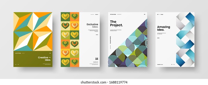 Business presentation vector A4 vertical orientation front page mock up set. Corporate report cover abstract geometric illustration design layout bundle. Company identity brochure template collection.