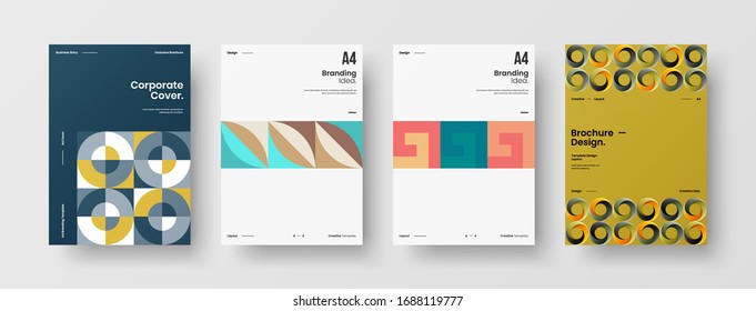 Business presentation vector A4 vertical orientation front page mock up set. Corporate report cover abstract geometric illustration design layout bundle. Company identity brochure template collection.