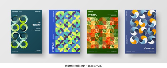 Business presentation vector A4 vertical orientation front page mock up set. Corporate report cover abstract geometric illustration design layout bundle. Company identity brochure template collection.