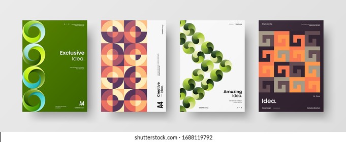 Business presentation vector A4 vertical orientation front page mock up set. Corporate report cover abstract geometric illustration design layout bundle. Company identity brochure template collection.