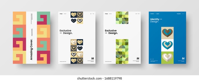 Business presentation vector A4 vertical orientation front page mock up set. Corporate report cover abstract geometric illustration design layout bundle. Company identity brochure template collection.
