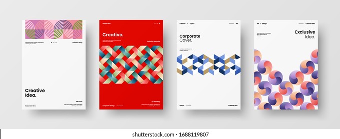 Business presentation vector A4 vertical orientation front page mock up set. Corporate report cover abstract geometric illustration design layout bundle. Company identity brochure template collection.