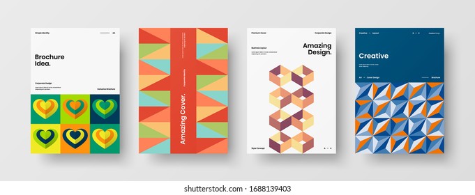 Business presentation vector A4 vertical orientation front page mock up set. Corporate report cover abstract geometric illustration design layout bundle. Company identity brochure template collection.