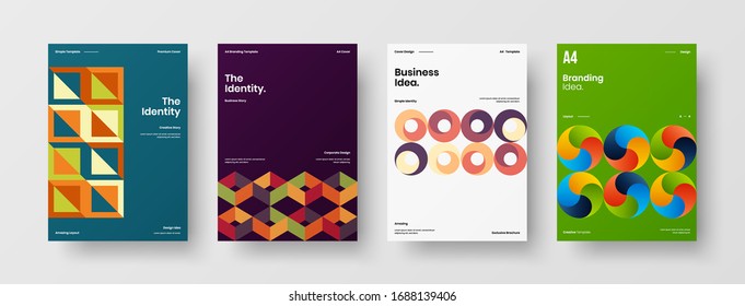 Business presentation vector A4 vertical orientation front page mock up set. Corporate report cover abstract geometric illustration design layout bundle. Company identity brochure template collection.
