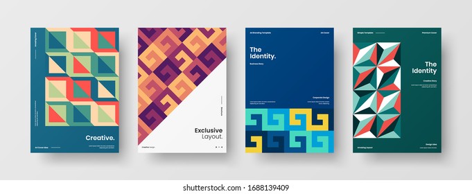 Business presentation vector A4 vertical orientation front page mock up set. Corporate report cover abstract geometric illustration design layout bundle. Company identity brochure template collection.