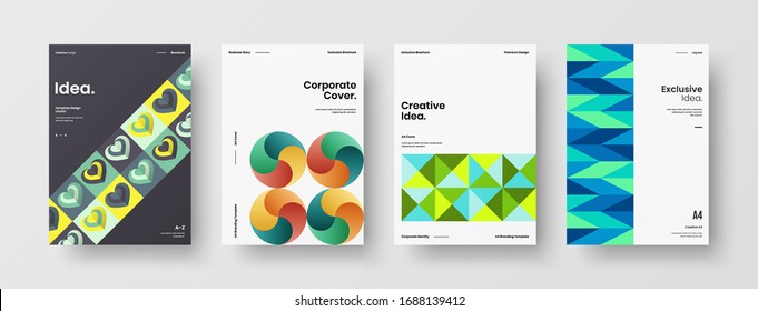 Business presentation vector A4 vertical orientation front page mock up set. Corporate report cover abstract geometric illustration design layout bundle. Company identity brochure template collection.