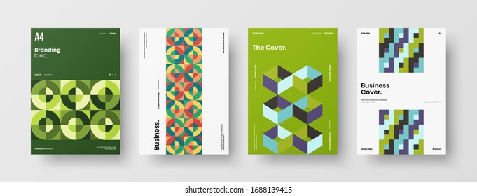 Business presentation vector A4 vertical orientation front page mock up set. Corporate report cover abstract geometric illustration design layout bundle. Company identity brochure template collection.