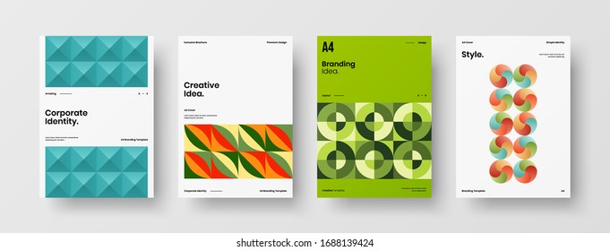 Business presentation vector A4 vertical orientation front page mock up set. Corporate report cover abstract geometric illustration design layout bundle. Company identity brochure template collection.