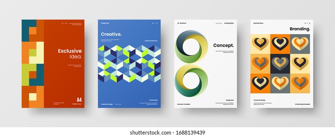 Diseño de presentación de negocio vectorial orientación vertical primera página maqueta conjunto. El informe corporativo cubre el paquete de diseño de ilustración geométrica abstracta. Colección de plantillas de folleto de identidad de la empresa.