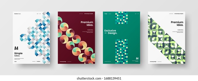 Business presentation vector A4 vertical orientation front page mock up set. Corporate report cover abstract geometric illustration design layout bundle. Company identity brochure template collection.