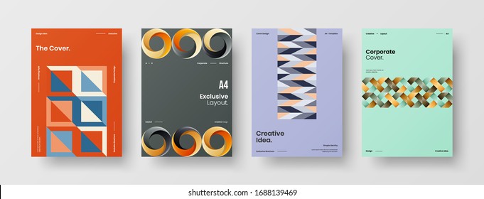Business presentation vector A4 vertical orientation front page mock up set. Corporate report cover abstract geometric illustration design layout bundle. Company identity brochure template collection.