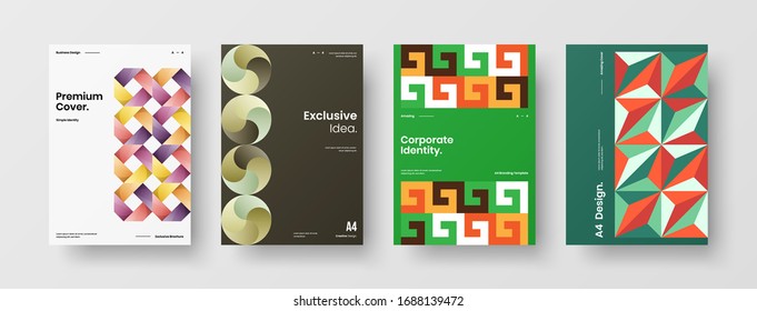 Business presentation vector A4 vertical orientation front page mock up set. Corporate report cover abstract geometric illustration design layout bundle. Company identity brochure template collection.