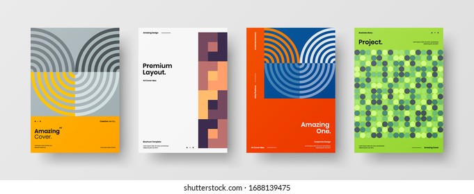 Business presentation vector A4 vertical orientation front page mock up set. Corporate report cover abstract geometric illustration design layout bundle. Company identity brochure template collection.