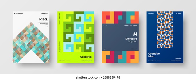 Diseño de presentación de negocio vectorial orientación vertical primera página maqueta conjunto. El informe corporativo cubre el paquete de diseño de ilustración geométrica abstracta. Colección de plantillas de folleto de identidad de la empresa.