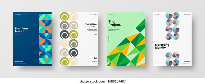Business presentation vector A4 vertical orientation front page mock up set. Corporate report cover abstract geometric illustration design layout bundle. Company identity brochure template collection.