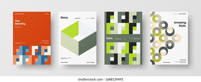Business presentation vector A4 vertical orientation front page mock up set. Corporate report cover abstract geometric illustration design layout bundle. Company identity brochure template collection.