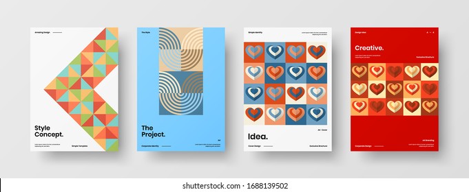 Business presentation vector A4 vertical orientation front page mock up set. Corporate report cover abstract geometric illustration design layout bundle. Company identity brochure template collection.