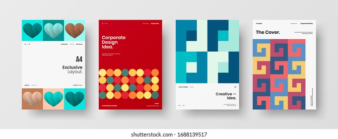 Business presentation vector A4 vertical orientation front page mock up set. Corporate report cover abstract geometric illustration design layout bundle. Company identity brochure template collection.