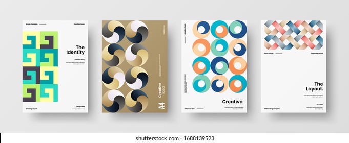 Business presentation vector A4 vertical orientation front page mock up set. Corporate report cover abstract geometric illustration design layout bundle. Company identity brochure template collection.