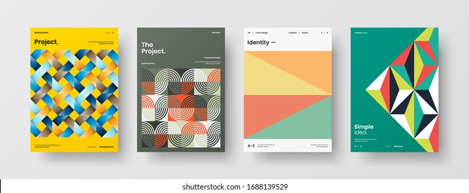Business presentation vector A4 vertical orientation front page mock up set. Corporate report cover abstract geometric illustration design layout bundle. Company identity brochure template collection.