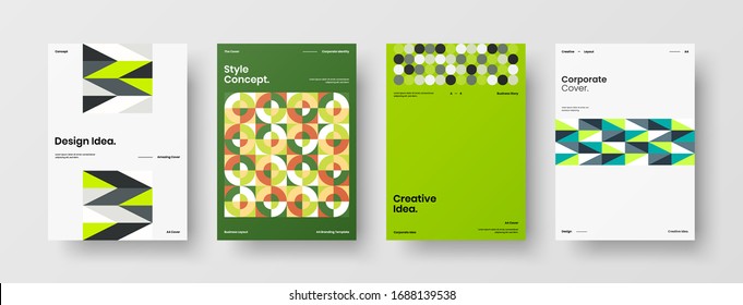 Business presentation vector A4 vertical orientation front page mock up set. Corporate report cover abstract geometric illustration design layout bundle. Company identity brochure template collection.