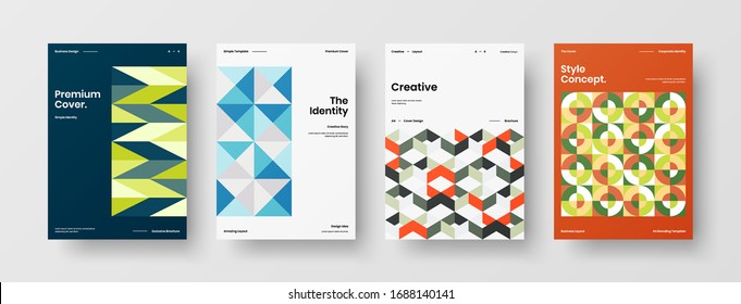 Business presentation vector A4 vertical orientation front page mock up set. Corporate report cover abstract geometric illustration design layout bundle. Company identity brochure template collection.