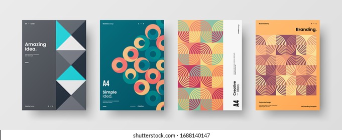 Business presentation vector A4 vertical orientation front page mock up set. Corporate report cover abstract geometric illustration design layout bundle. Company identity brochure template collection.