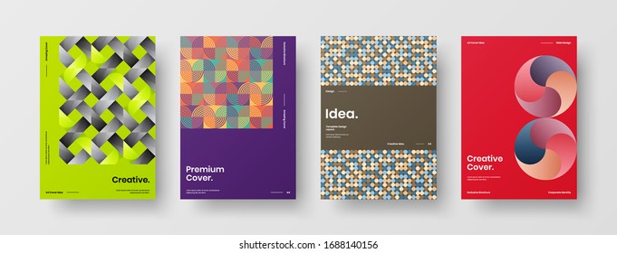 Business presentation vector A4 vertical orientation front page mock up set. Corporate report cover abstract geometric illustration design layout bundle. Company identity brochure template collection.