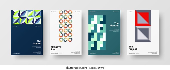 Business presentation vector A4 vertical orientation front page mock up set. Corporate report cover abstract geometric illustration design layout bundle. Company identity brochure template collection.