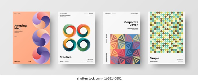 Business presentation vector A4 vertical orientation front page mock up set. Corporate report cover abstract geometric illustration design layout bundle. Company identity brochure template collection.