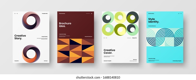 Business presentation vector A4 vertical orientation front page mock up set. Corporate report cover abstract geometric illustration design layout bundle. Company identity brochure template collection.