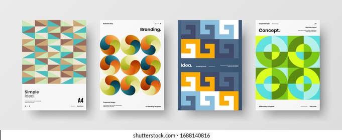 Business presentation vector A4 vertical orientation front page mock up set. Corporate report cover abstract geometric illustration design layout bundle. Company identity brochure template collection.