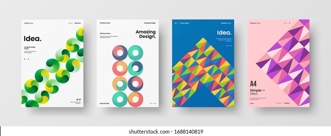 Business presentation vector A4 vertical orientation front page mock up set. Corporate report cover abstract geometric illustration design layout bundle. Company identity brochure template collection.