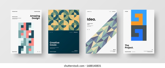 Business presentation vector A4 vertical orientation front page mock up set. Corporate report cover abstract geometric illustration design layout bundle. Company identity brochure template collection.