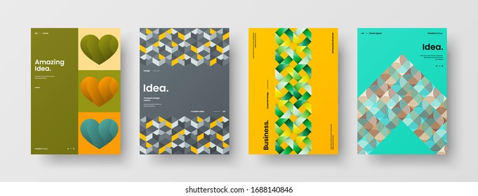 Business presentation vector A4 vertical orientation front page mock up set. Corporate report cover abstract geometric illustration design layout bundle. Company identity brochure template collection.