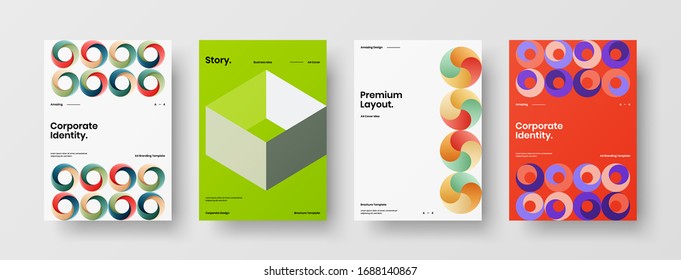 Business presentation vector A4 vertical orientation front page mock up set. Corporate report cover abstract geometric illustration design layout bundle. Company identity brochure template collection.