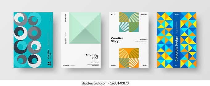 Business presentation vector A4 vertical orientation front page mock up set. Corporate report cover abstract geometric illustration design layout bundle. Company identity brochure template collection.