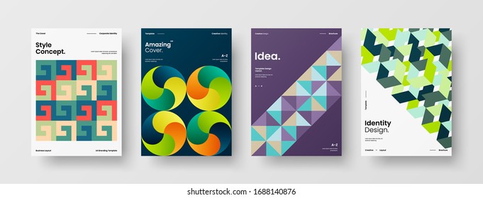 Business presentation vector A4 vertical orientation front page mock up set. Corporate report cover abstract geometric illustration design layout bundle. Company identity brochure template collection.