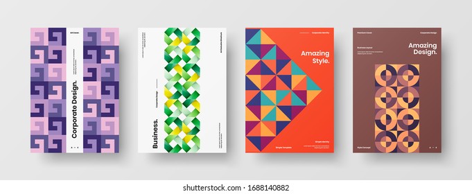 Business presentation vector A4 vertical orientation front page mock up set. Corporate report cover abstract geometric illustration design layout bundle. Company identity brochure template collection.