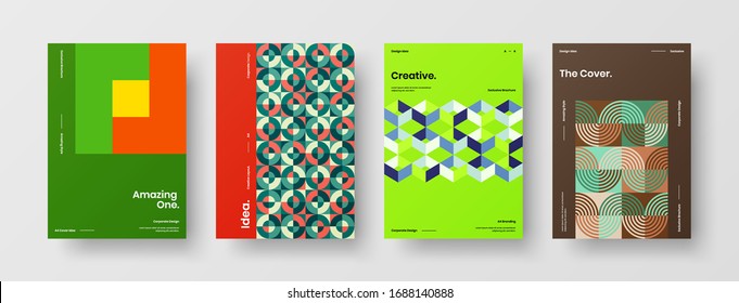 Business presentation vector A4 vertical orientation front page mock up set. Corporate report cover abstract geometric illustration design layout bundle. Company identity brochure template collection.