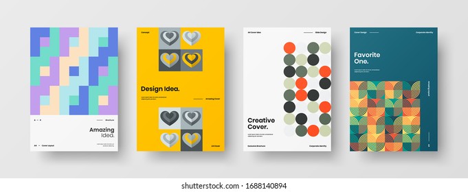 Diseño de presentación de negocio vectorial orientación vertical primera página maqueta conjunto. El informe corporativo cubre el paquete de diseño de ilustración geométrica abstracta. Colección de plantillas de folleto de identidad de la empresa.