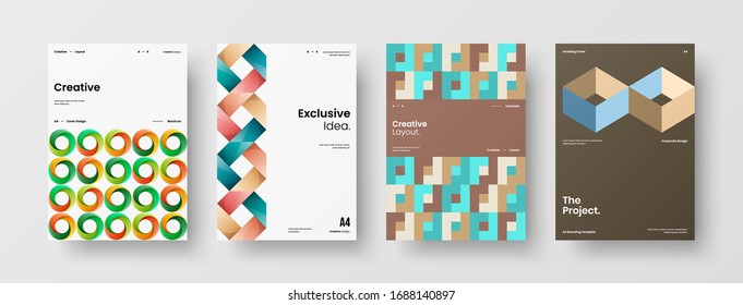 Business presentation vector A4 vertical orientation front page mock up set. Corporate report cover abstract geometric illustration design layout bundle. Company identity brochure template collection.
