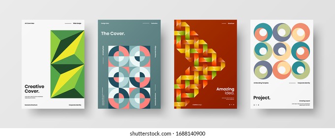 Business presentation vector A4 vertical orientation front page mock up set. Corporate report cover abstract geometric illustration design layout bundle. Company identity brochure template collection.