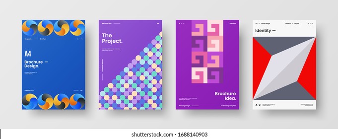 Business presentation vector A4 vertical orientation front page mock up set. Corporate report cover abstract geometric illustration design layout bundle. Company identity brochure template collection.