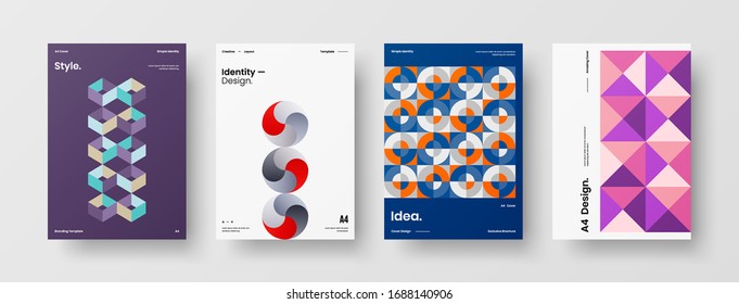 Vortragssatz der Vektorillustration A4 für vertikale Ausrichtung der Vorderseite. Corporate Report deckt abstraktes geometrisches Design-Layout-Paket für Illustrationen ab. Vorlage für Firmenidentitätsbroschüren