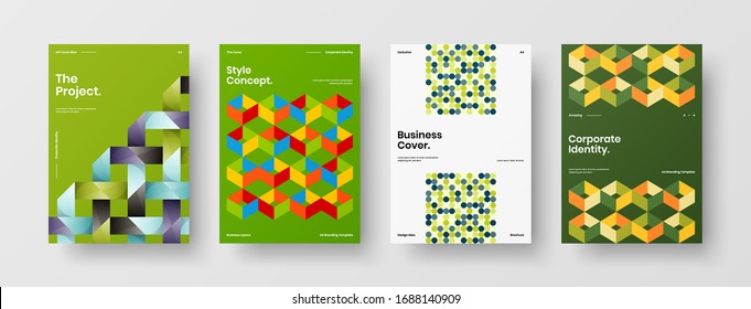 Business presentation vector A4 vertical orientation front page mock up set. Corporate report cover abstract geometric illustration design layout bundle. Company identity brochure template collection.
