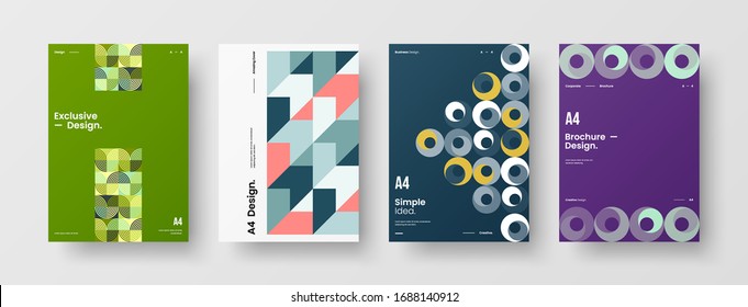 Business presentation vector A4 vertical orientation front page mock up set. Corporate report cover abstract geometric illustration design layout bundle. Company identity brochure template collection.