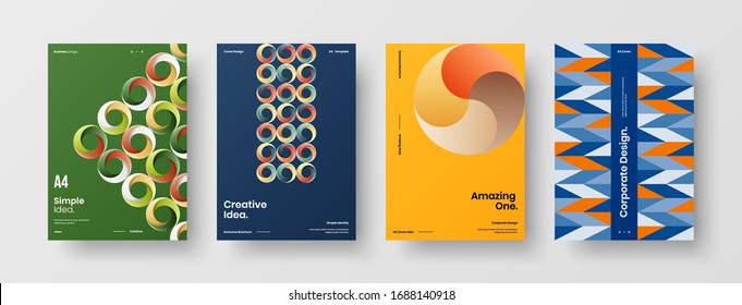Business presentation vector A4 vertical orientation front page mock up set. Corporate report cover abstract geometric illustration design layout bundle. Company identity brochure template collection.