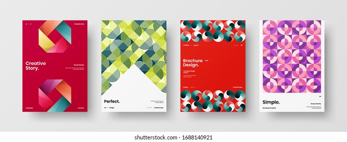 Business presentation vector A4 vertical orientation front page mock up set. Corporate report cover abstract geometric illustration design layout bundle. Company identity brochure template collection.